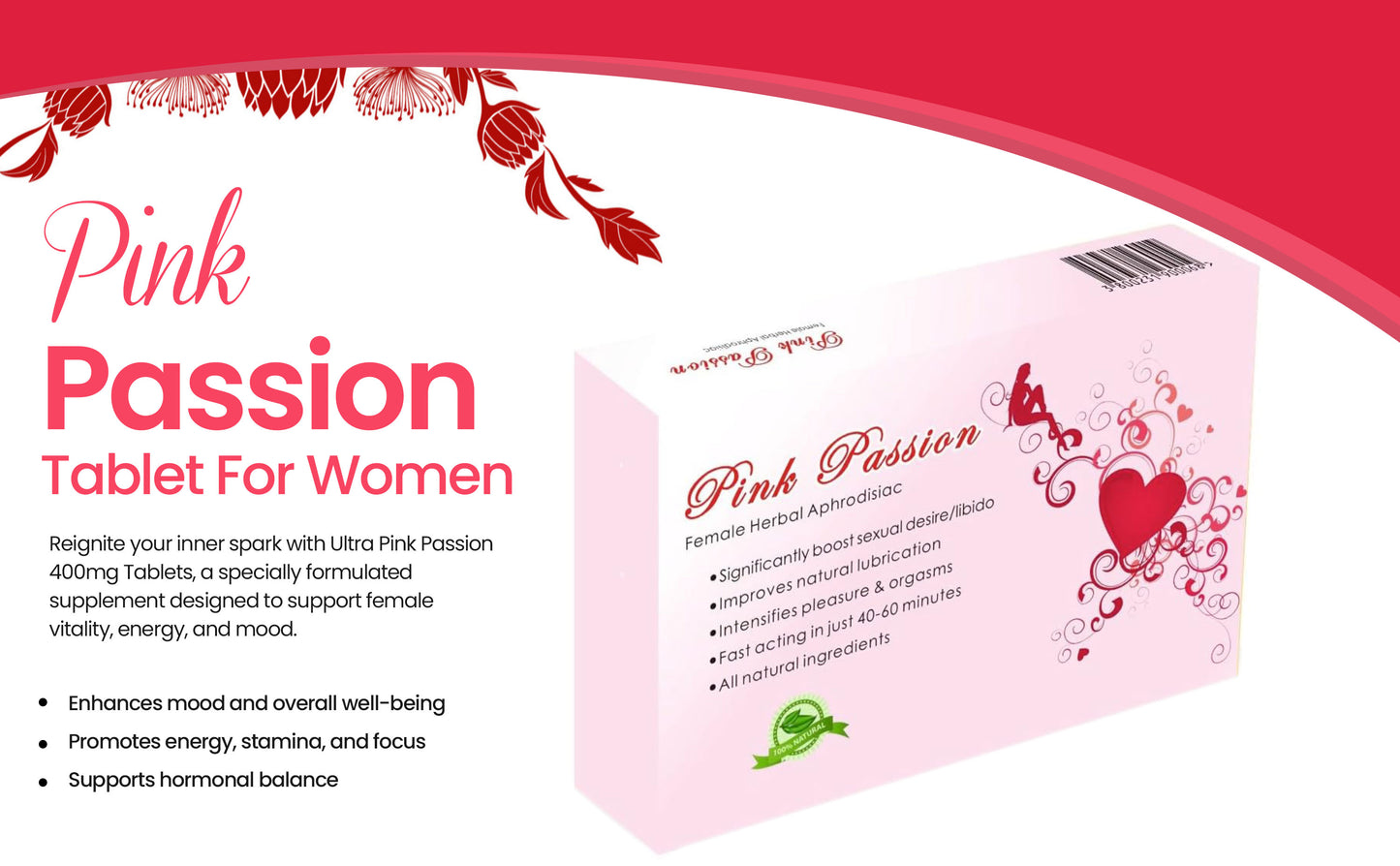 6 x Ultra Pink Passion 400mg Tablet for Women. 100% Natural Female Libido Pill.